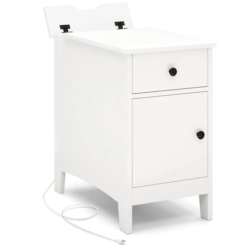 Flip Top End Table with Charging Station USB Ports Outlets and Drawer-White - White - Nightstands