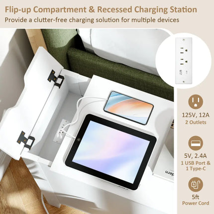 Flip Top End Table with Charging Station USB Ports Outlets and Drawer-White - White - Nightstands