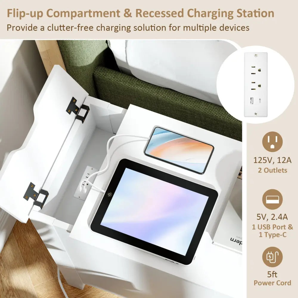 Flip Top End Table with Charging Station USB Ports Outlets and Drawer-White - White - Nightstands