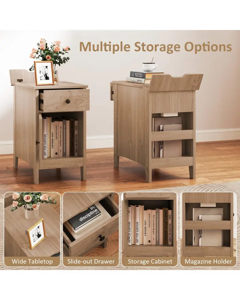 Flip Top End Table with Charging Station USB Ports Outlets and Drawer-Natural - Natural - Nightstands