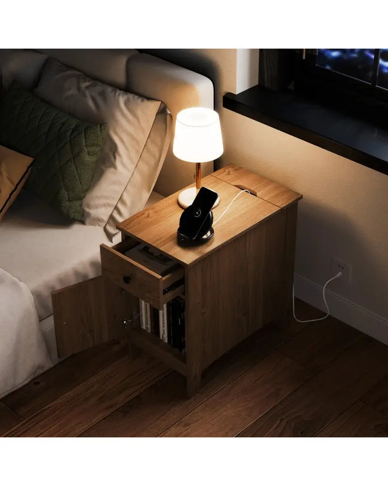 Flip Top End Table with Charging Station USB Ports Outlets and Drawer-Natural - Natural - Nightstands