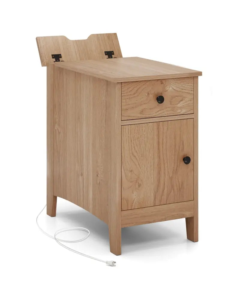 Flip Top End Table with Charging Station USB Ports Outlets and Drawer-Natural - Natural - Nightstands