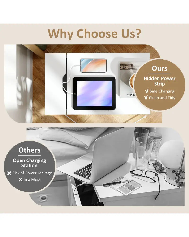Flip Top End Table with Charging Station USB Ports Outlets and Drawer-White - White - Nightstands