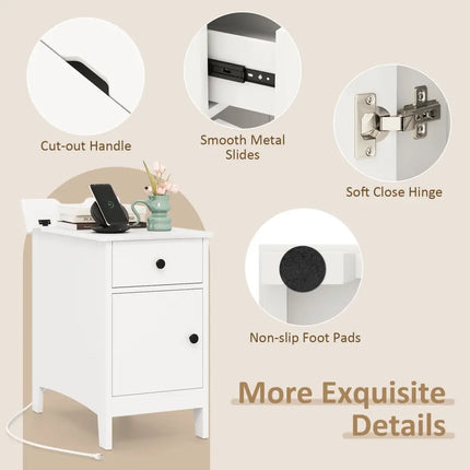 Flip Top End Table with Charging Station USB Ports Outlets and Drawer-White - White - Nightstands
