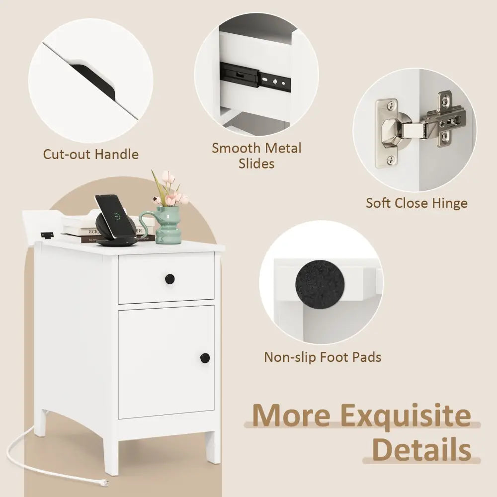 Flip Top End Table with Charging Station USB Ports Outlets and Drawer-White - White - Nightstands