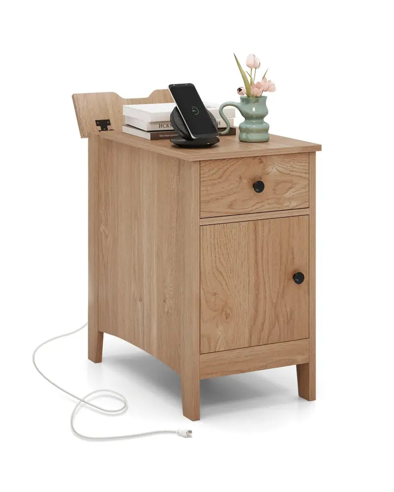 Flip Top End Table with Charging Station USB Ports Outlets and Drawer-Natural - Natural - Nightstands
