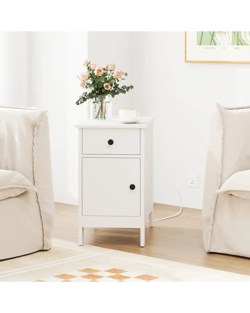 Flip Top End Table with Charging Station USB Ports Outlets and Drawer-White - White - Nightstands