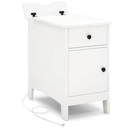 Flip Top End Table with Charging Station USB Ports Outlets and Drawer-White - White - Nightstands