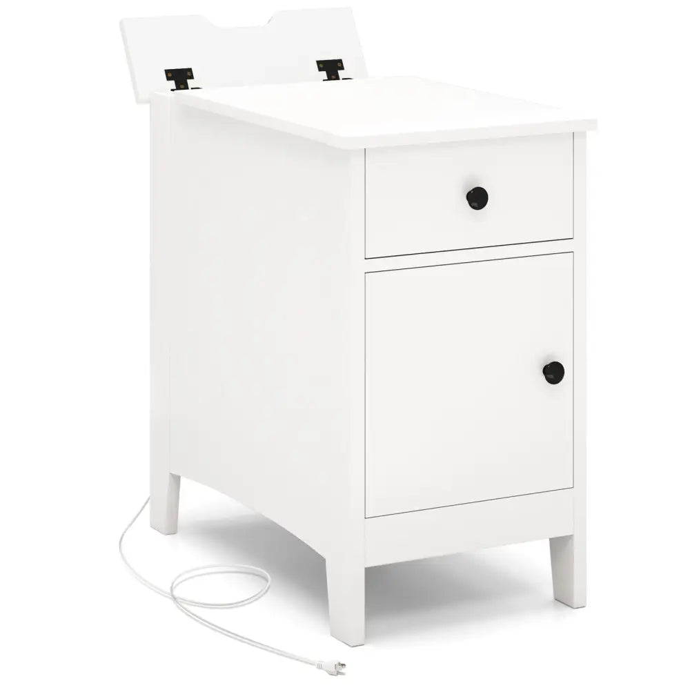 Flip Top End Table with Charging Station USB Ports Outlets and Drawer-White - White - Nightstands