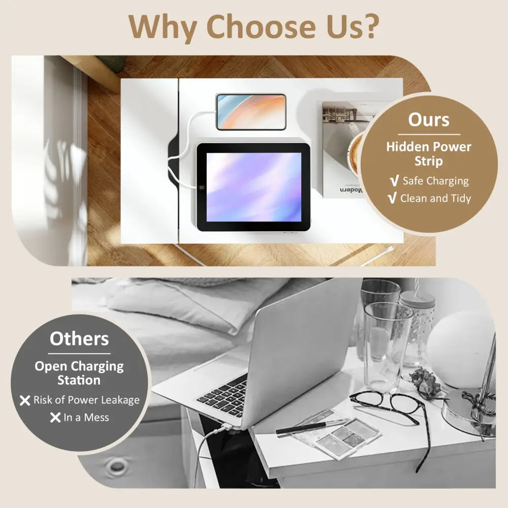 Flip Top End Table with Charging Station USB Ports Outlets and Drawer-White - White - Nightstands