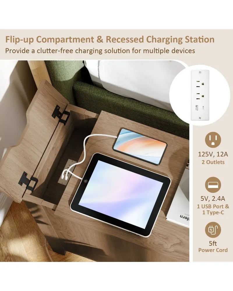 Flip Top End Table with Charging Station USB Ports Outlets and Drawer-Natural - Natural - Nightstands