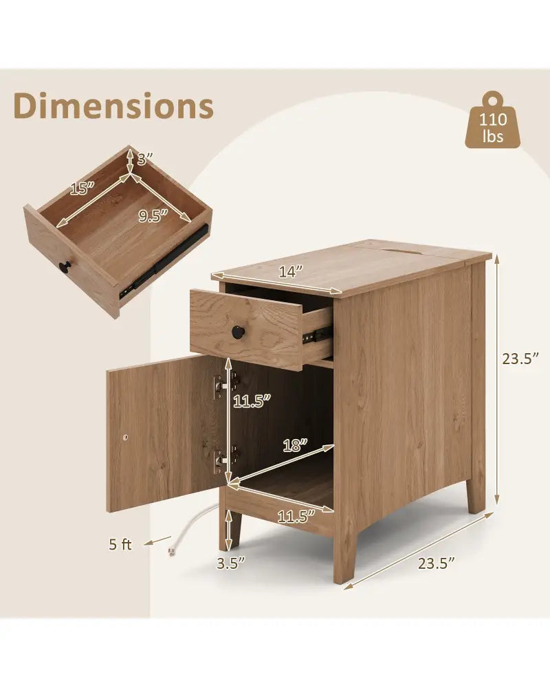 Flip Top End Table with Charging Station USB Ports Outlets and Drawer-Natural - Natural - Nightstands