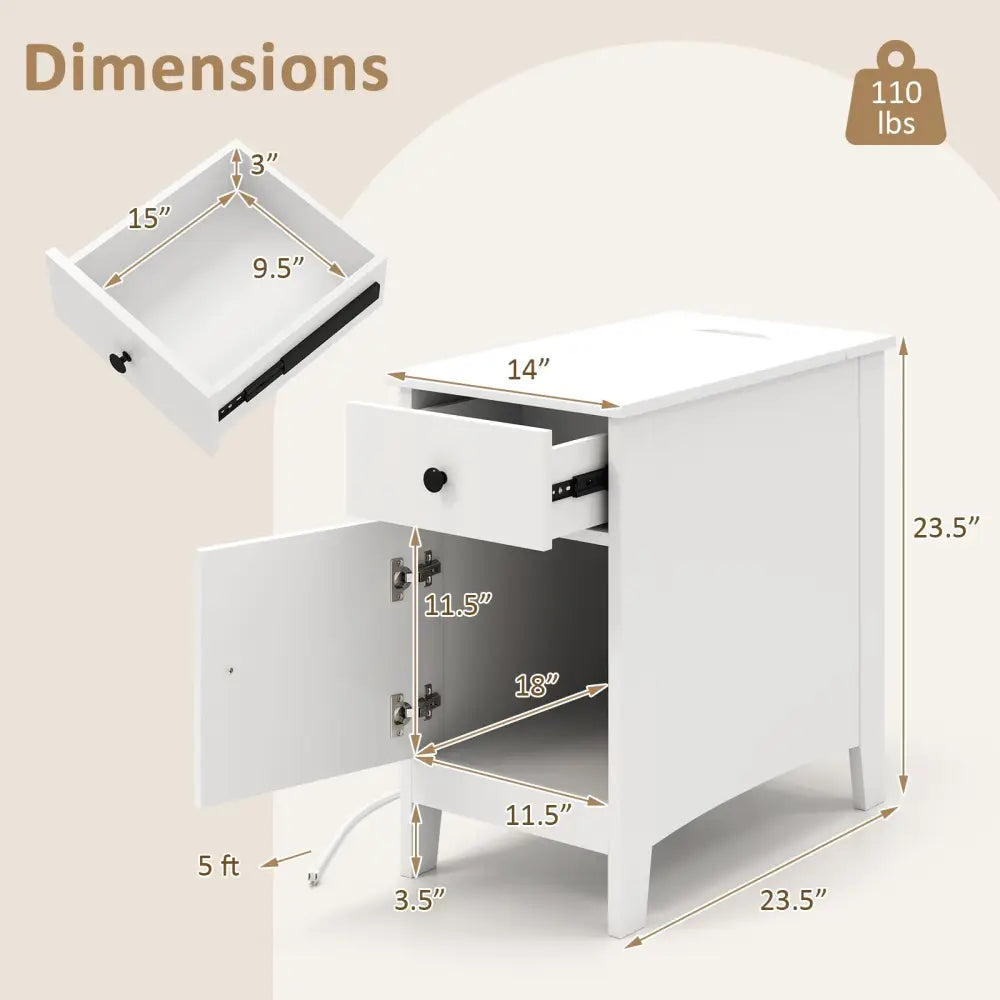 Flip Top End Table with Charging Station USB Ports Outlets and Drawer-White - White - Nightstands