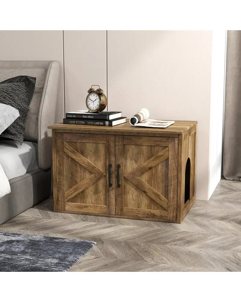 Flip Top Hidden Cat Washroom Furniture with Double Barn Doors Removable Divider and Middle Entry - Oak - Cat Houses