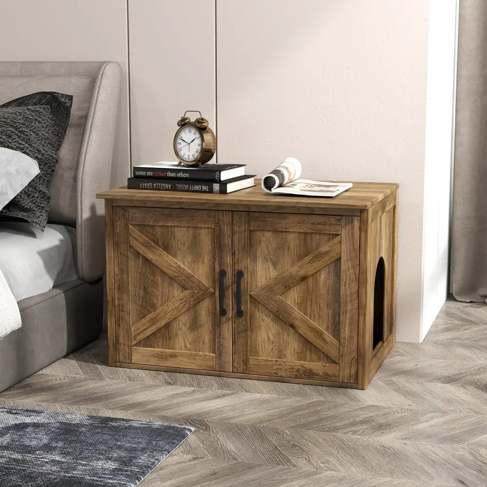 Flip Top Hidden Cat Washroom Furniture with Double Barn Doors Removable Divider and Middle Entry - Oak - Cat Houses