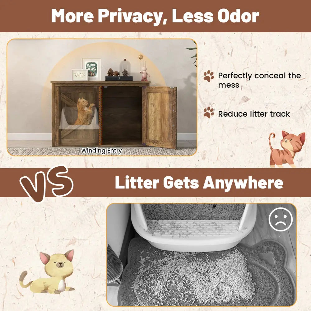 Flip Top Hidden Cat Washroom Furniture with Double Barn Doors Removable Divider and Middle Entry - Oak - Cat Houses
