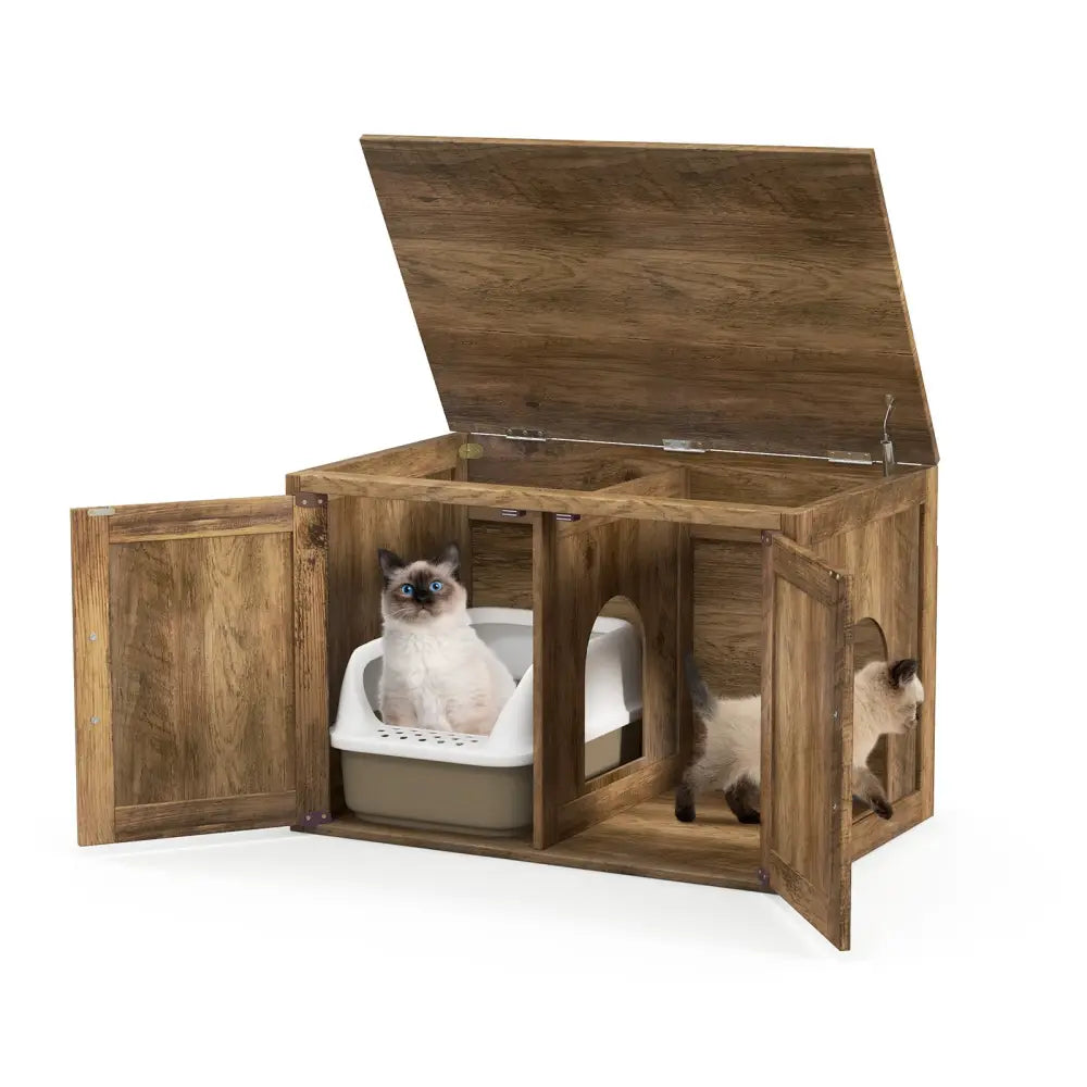 Flip Top Hidden Cat Washroom Furniture with Double Barn Doors Removable Divider and Middle Entry - Oak - Cat Houses