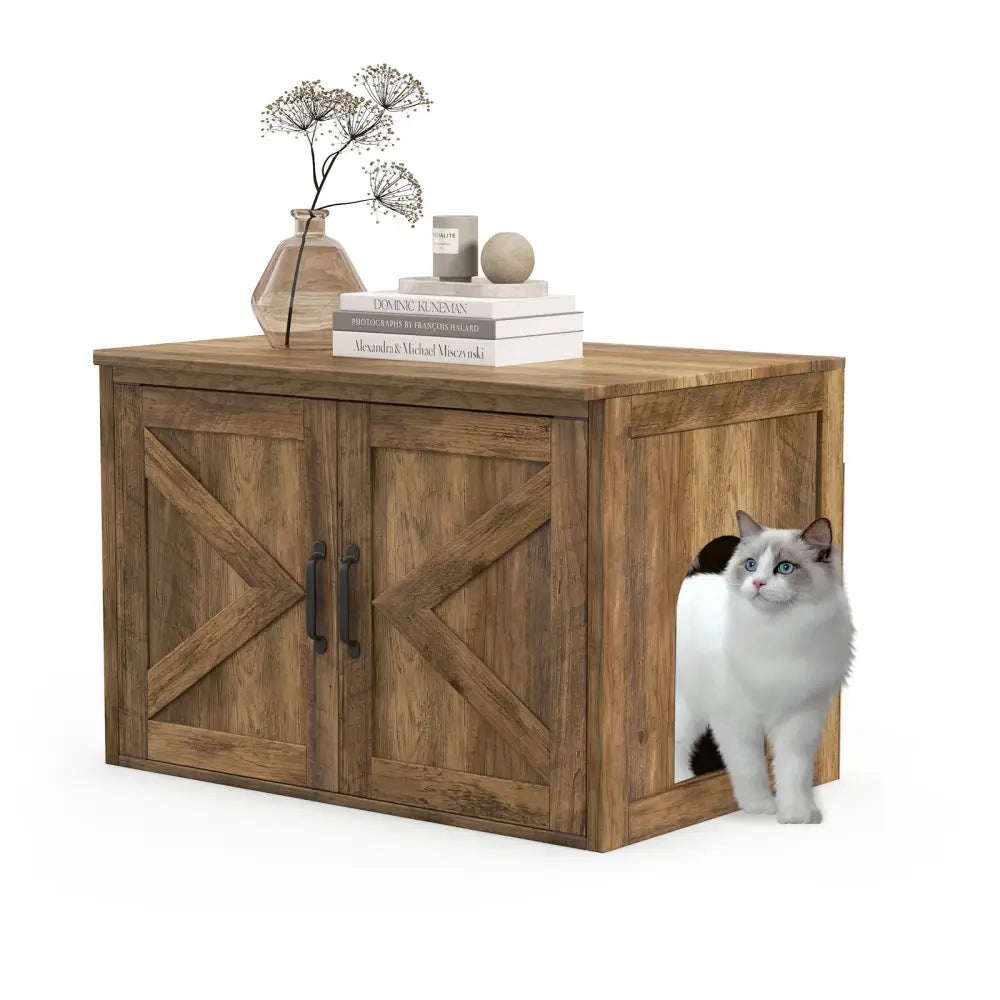Flip Top Hidden Cat Washroom Furniture with Double Barn Doors Removable Divider and Middle Entry - Oak - Cat Houses