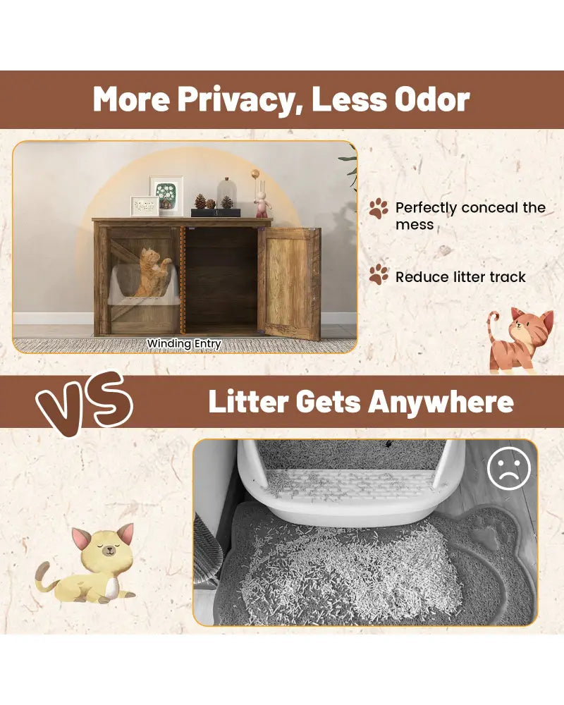 Flip Top Hidden Cat Washroom Furniture with Double Barn Doors Removable Divider and Middle Entry - Oak - Cat Houses