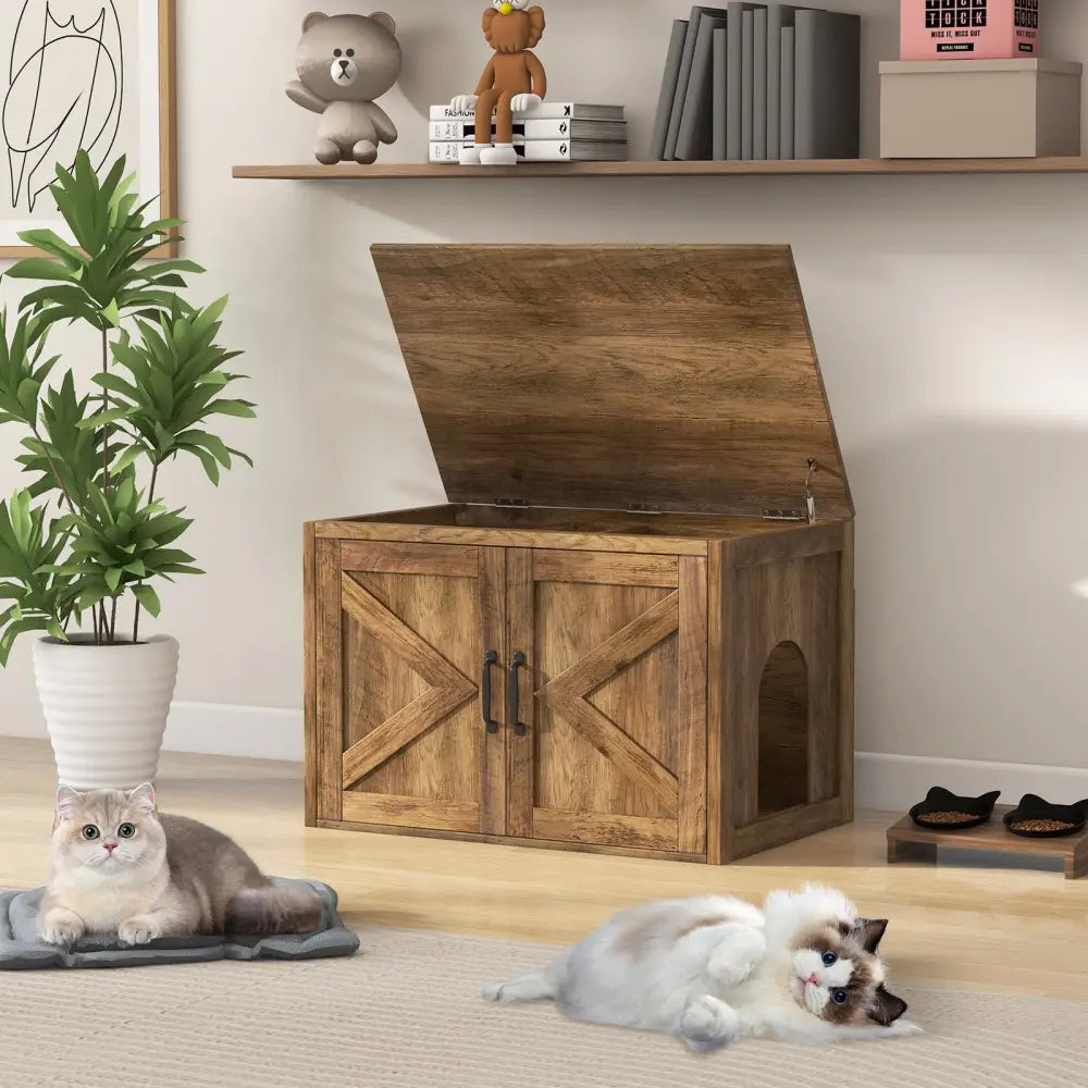Flip Top Hidden Cat Washroom Furniture with Double Barn Doors Removable Divider and Middle Entry - Oak - Cat Houses
