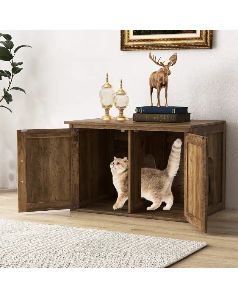 Flip Top Hidden Cat Washroom Furniture with Double Barn Doors Removable Divider and Middle Entry - Oak - Cat Houses