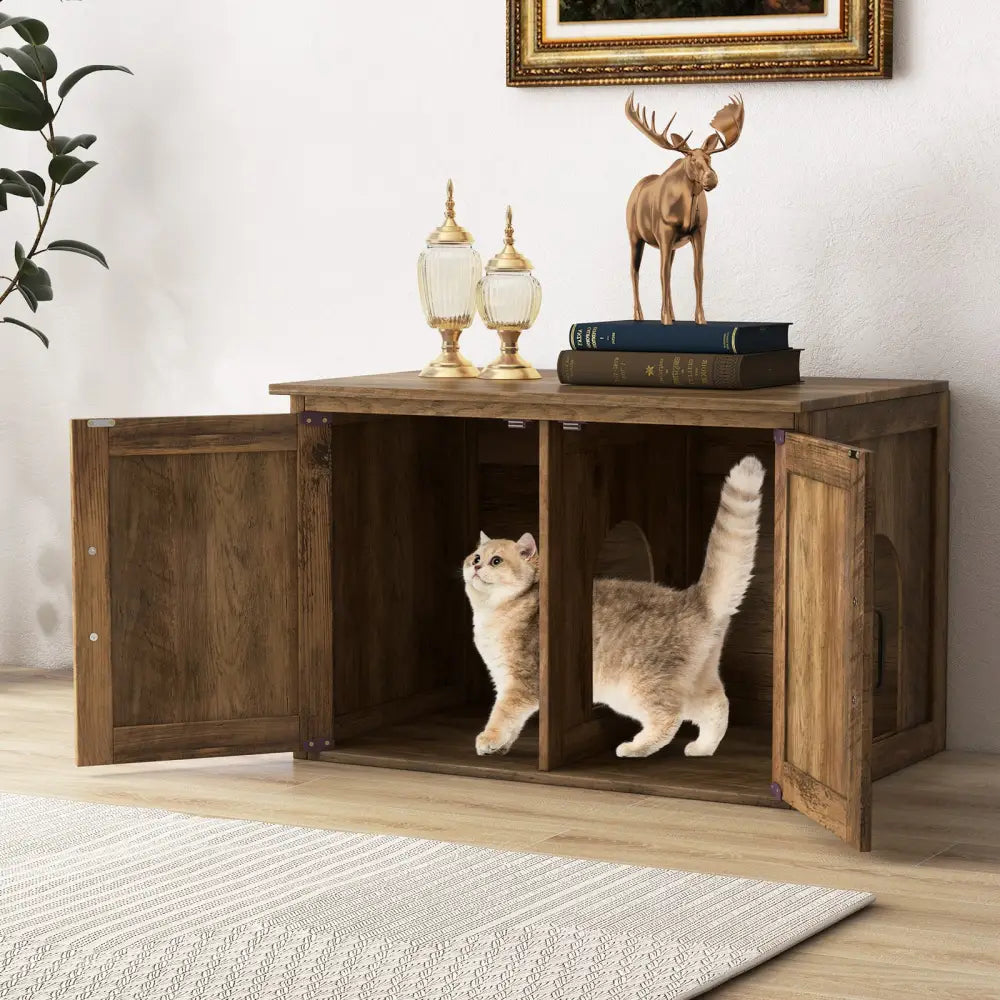 Flip Top Hidden Cat Washroom Furniture with Double Barn Doors Removable Divider and Middle Entry - Oak - Cat Houses