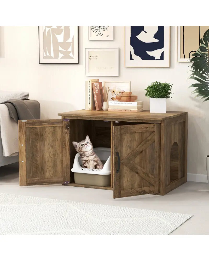 Flip Top Hidden Cat Washroom Furniture with Double Barn Doors Removable Divider and Middle Entry - Oak - Cat Houses