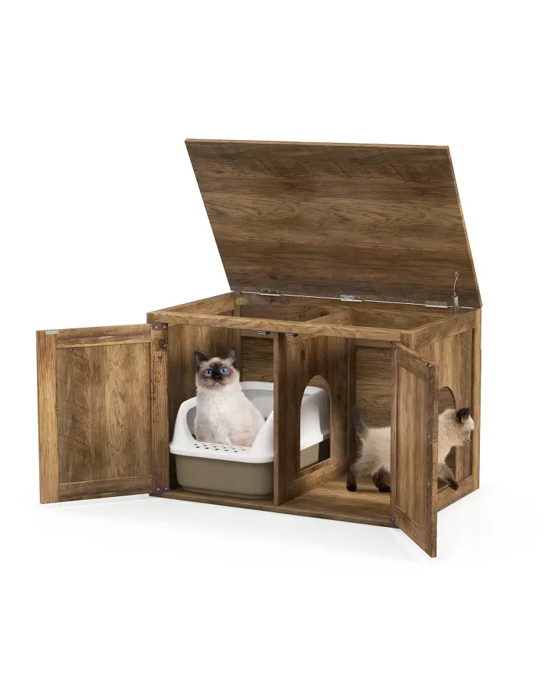 Flip Top Hidden Cat Washroom Furniture with Double Barn Doors Removable Divider and Middle Entry - Oak - Cat Houses