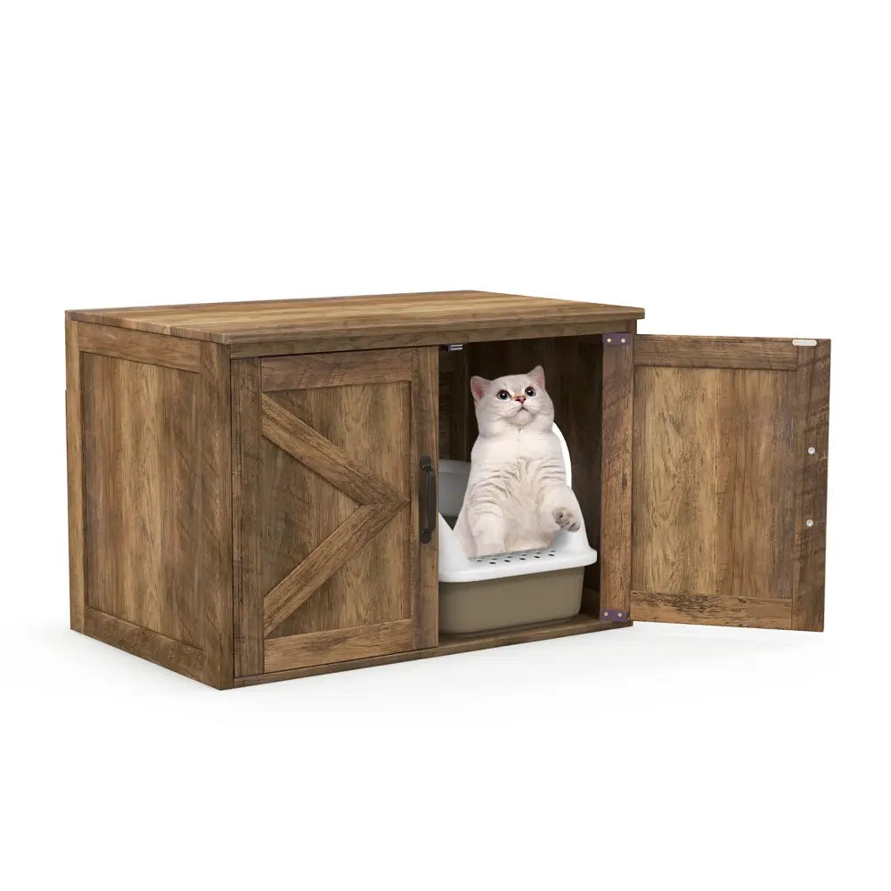 Flip Top Hidden Cat Washroom Furniture with Double Barn Doors Removable Divider and Middle Entry - Oak - Cat Houses