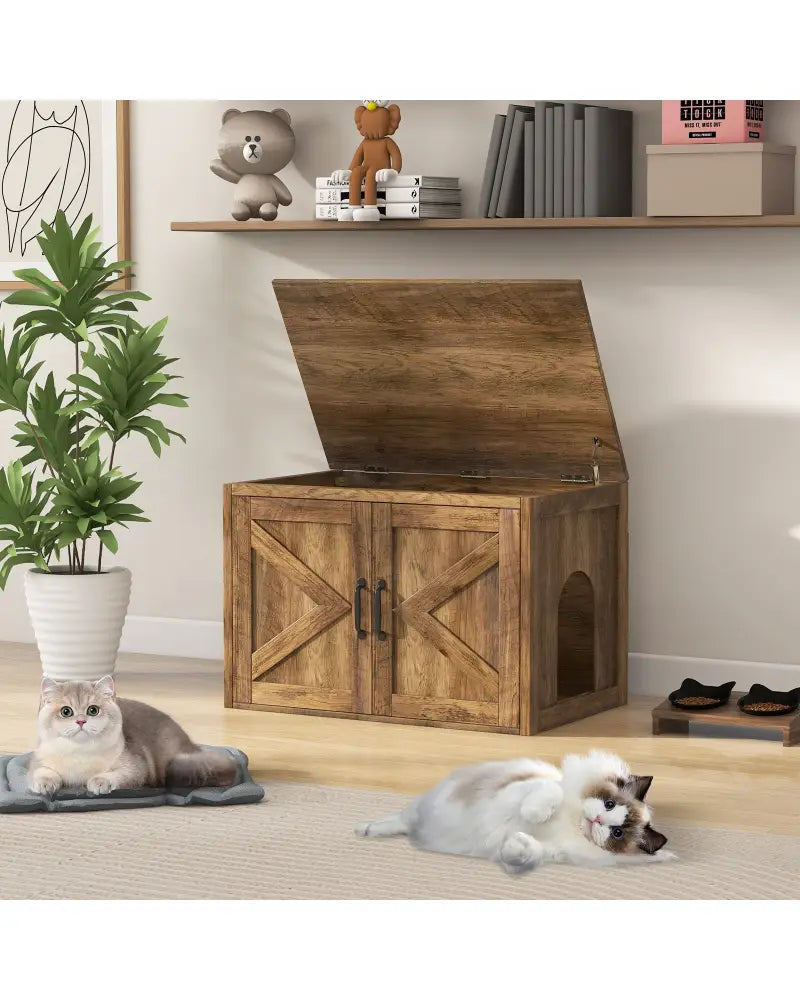 Flip Top Hidden Cat Washroom Furniture with Double Barn Doors Removable Divider and Middle Entry - Oak - Cat Houses