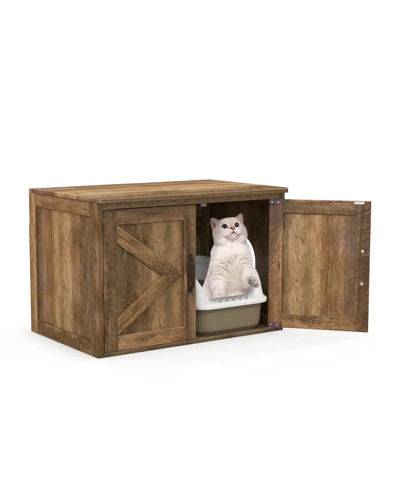 Flip Top Hidden Cat Washroom Furniture with Double Barn Doors Removable Divider and Middle Entry - Oak - Cat Houses