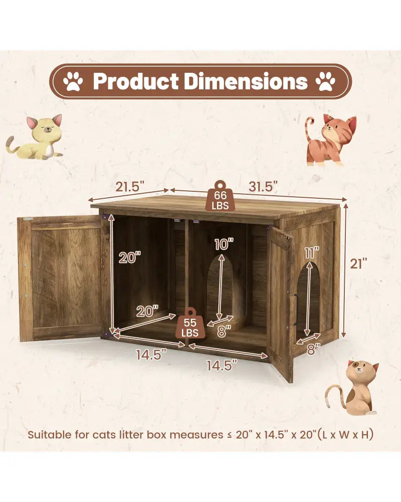 Flip Top Hidden Cat Washroom Furniture with Double Barn Doors Removable Divider and Middle Entry - Oak - Cat Houses