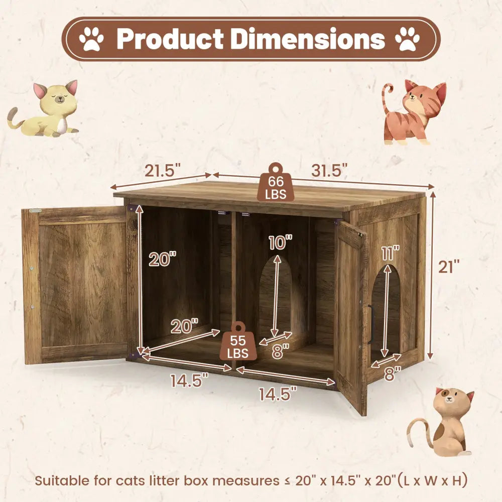 Flip Top Hidden Cat Washroom Furniture with Double Barn Doors Removable Divider and Middle Entry - Oak - Cat Houses