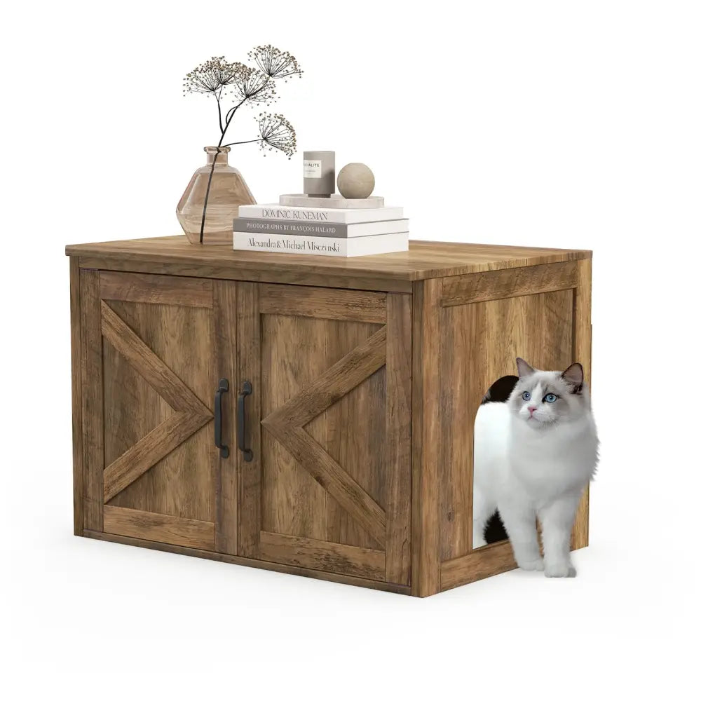 Flip Top Hidden Cat Washroom Furniture with Double Barn Doors Removable Divider and Middle Entry - Oak - Cat Houses