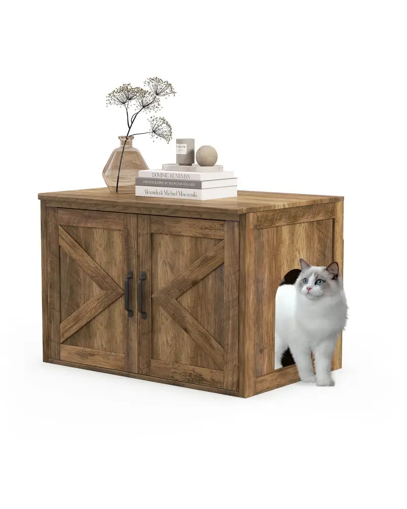 Flip Top Hidden Cat Washroom Furniture with Double Barn Doors Removable Divider and Middle Entry - Oak - Cat Houses