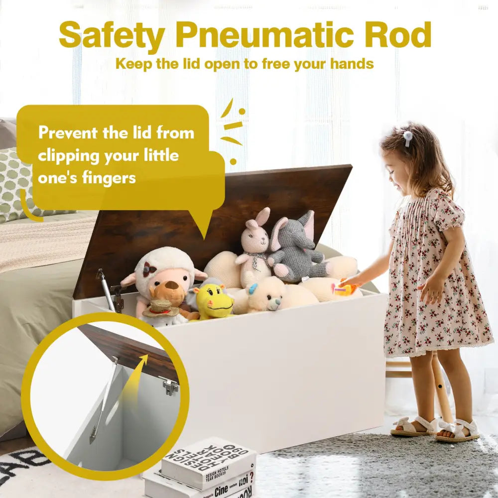 Flip-top Storage Chest with Self-hold Cover and Pneumatic Rod-White - White - Kids Storage