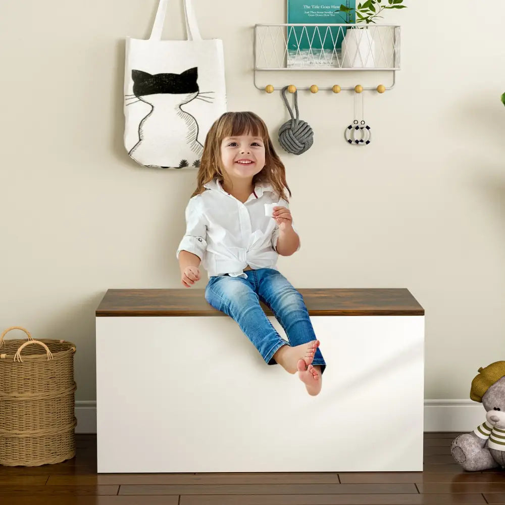 Flip-top Storage Chest with Self-hold Cover and Pneumatic Rod-White - White - Kids Storage