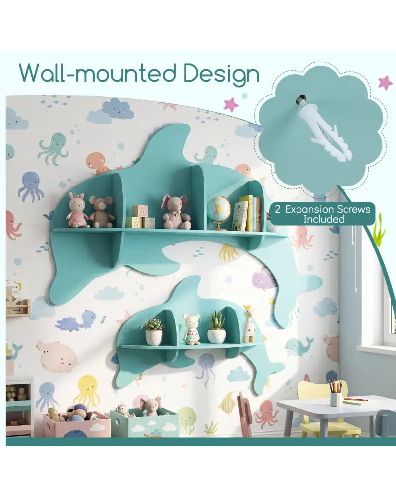 Floating Dolphin Shelves Wall Mounted Storage Display Rack-Blue - Blue - Kids Storage