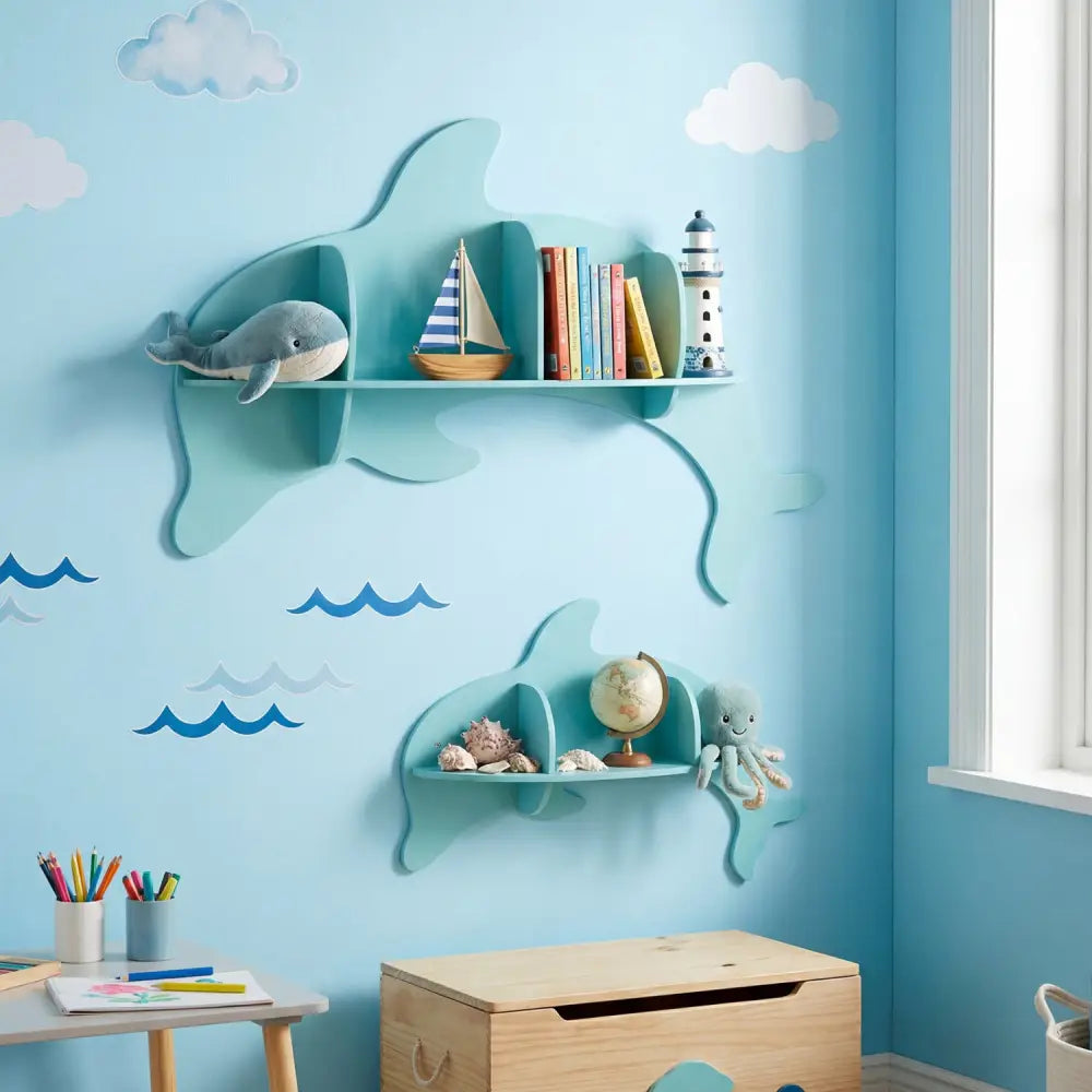 Floating Dolphin Shelves Wall Mounted Storage Display Rack-Blue - Blue - Kids Storage