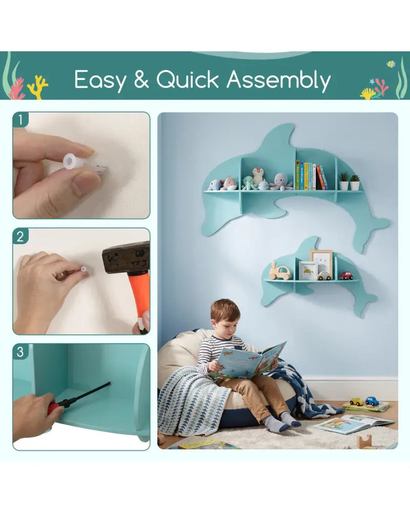 Floating Dolphin Shelves Wall Mounted Storage Display Rack-Blue - Blue - Kids Storage