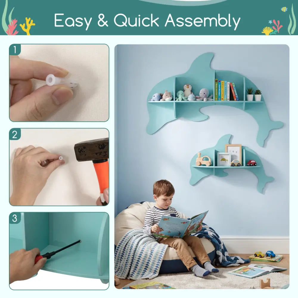 Floating Dolphin Shelves Wall Mounted Storage Display Rack-Blue - Blue - Kids Storage