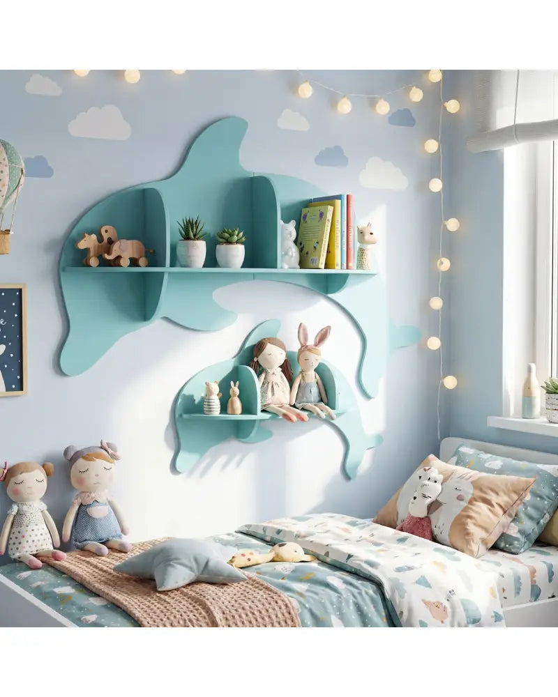 Floating Dolphin Shelves Wall Mounted Storage Display Rack-Blue - Blue - Kids Storage