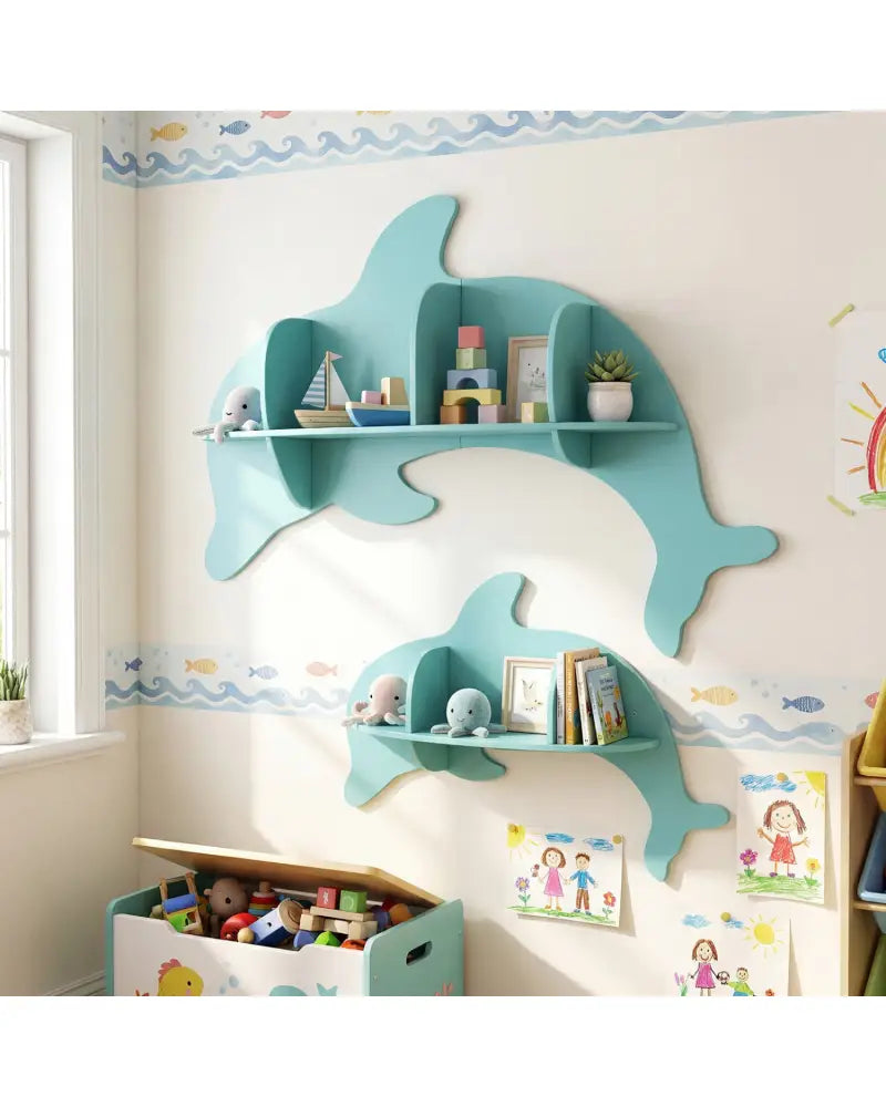 Floating Dolphin Shelves Wall Mounted Storage Display Rack-Blue - Blue - Kids Storage
