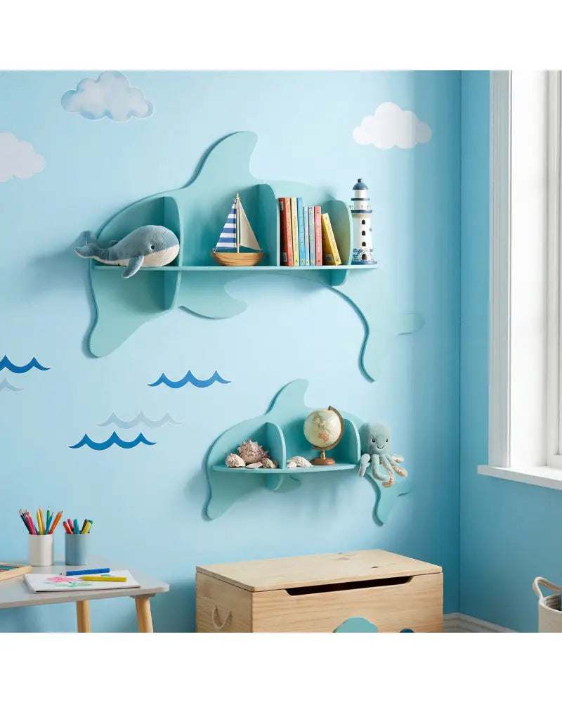Floating Dolphin Shelves Wall Mounted Storage Display Rack-Blue - Blue - Kids Storage