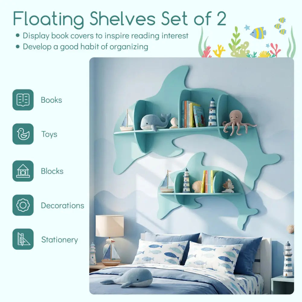 Floating Dolphin Shelves Wall Mounted Storage Display Rack-Blue - Blue - Kids Storage