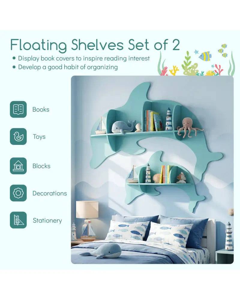 Floating Dolphin Shelves Wall Mounted Storage Display Rack-Blue - Blue - Kids Storage