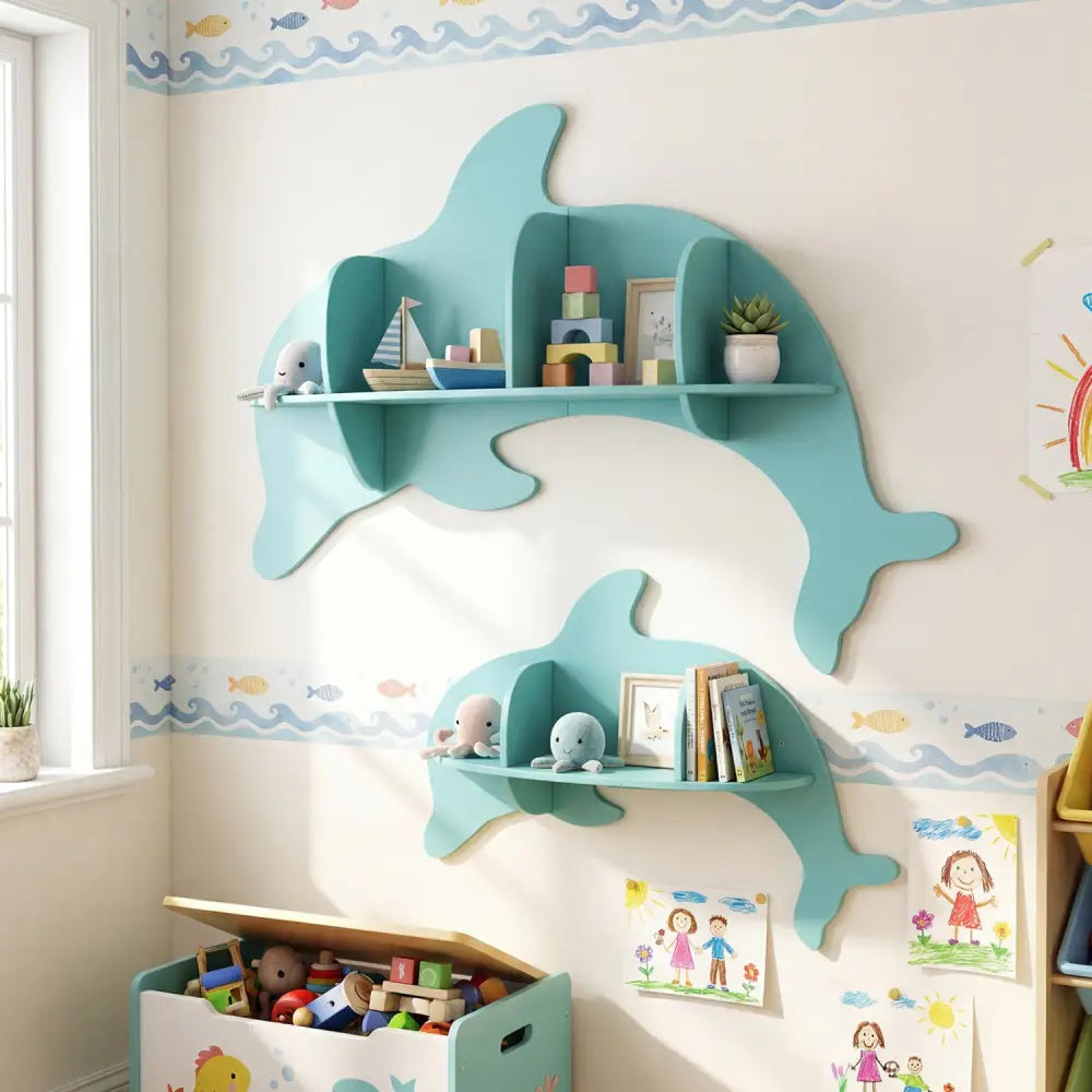 Floating Dolphin Shelves Wall Mounted Storage Display Rack-Blue - Blue - Kids Storage