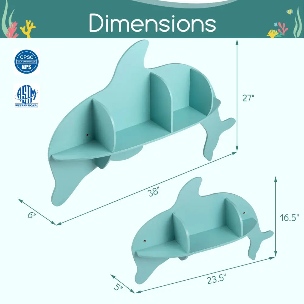 Floating Dolphin Shelves Wall Mounted Storage Display Rack-Blue - Blue - Kids Storage