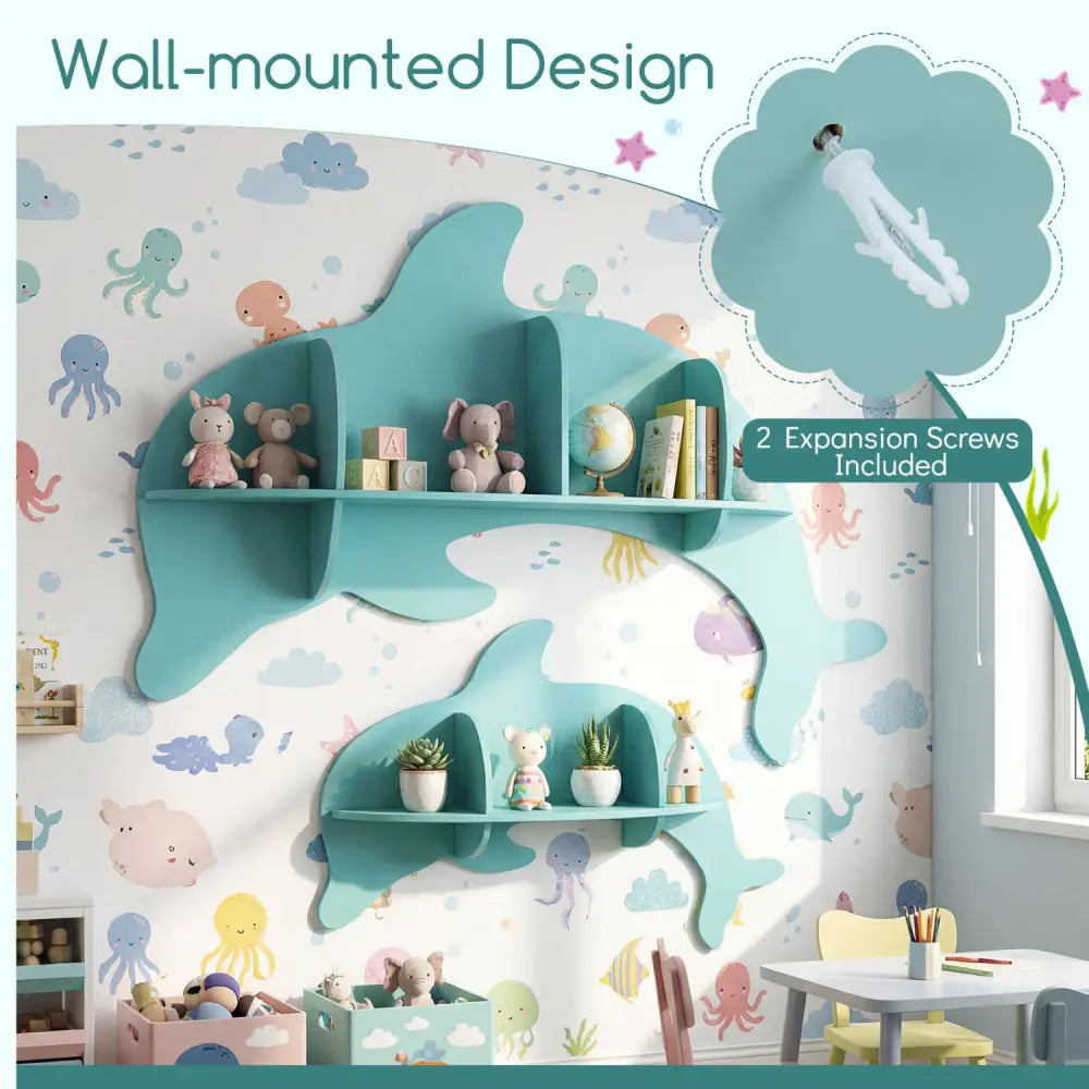 Floating Dolphin Shelves Wall Mounted Storage Display Rack-Blue - Blue - Kids Storage