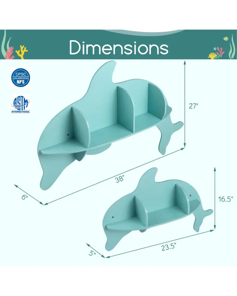 Floating Dolphin Shelves Wall Mounted Storage Display Rack-Blue - Blue - Kids Storage